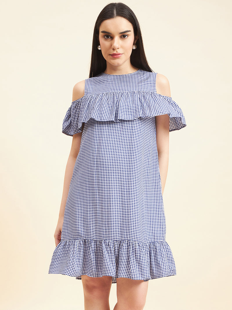 Gipsy Women Solid Frill Cotton Mini Royal Blue Dress