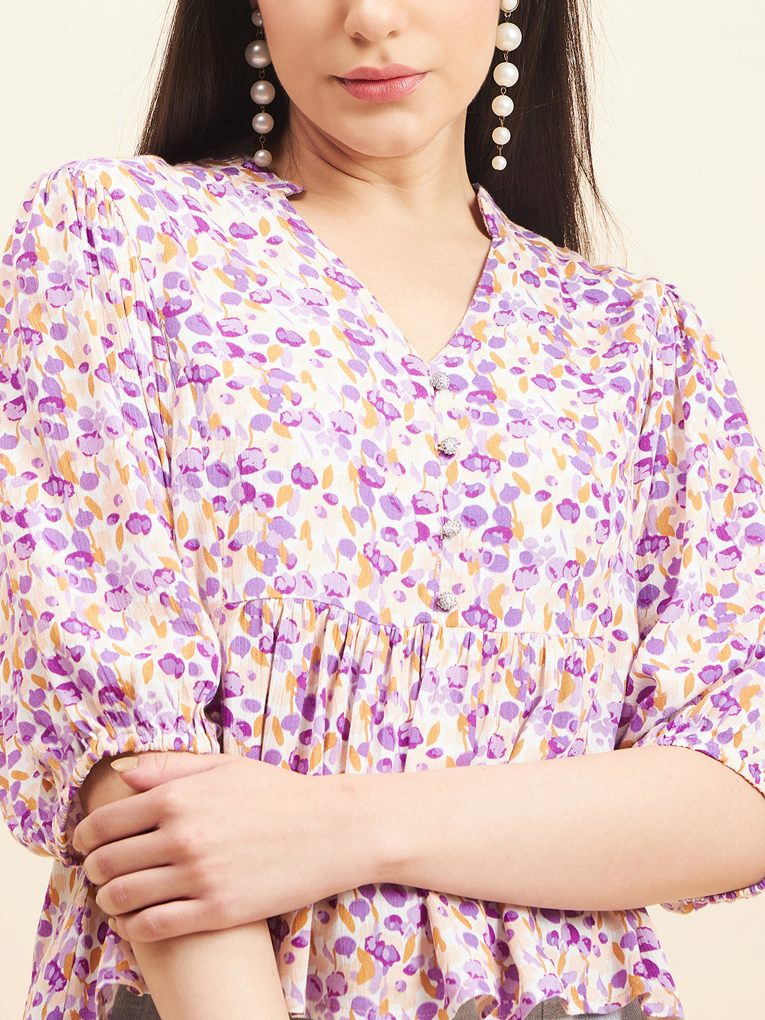 Gipsy Women Printed Button Rayon Purple Top