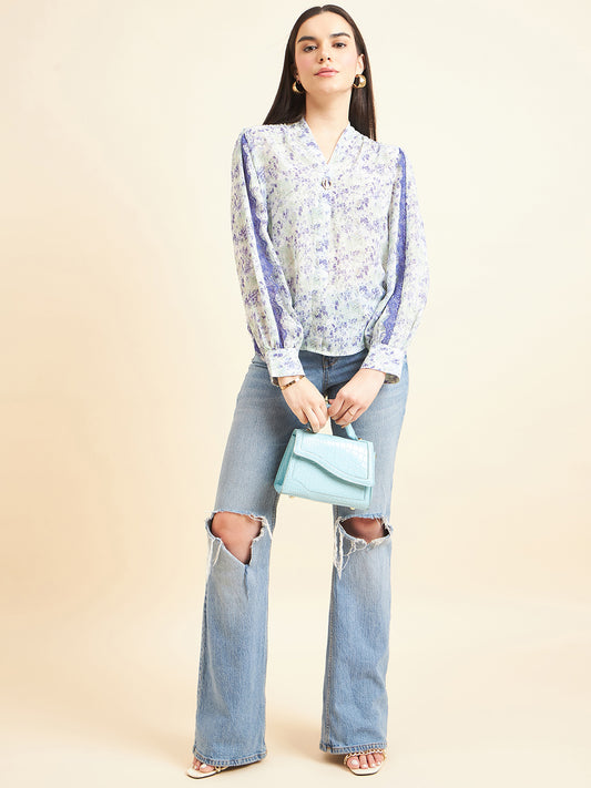 Gipsy Women Printed Lace Georgette Blue Top
