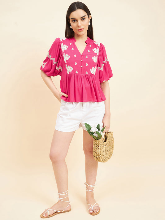 Gipsy Women Solid Embordiery Rayon Hot Pink Top