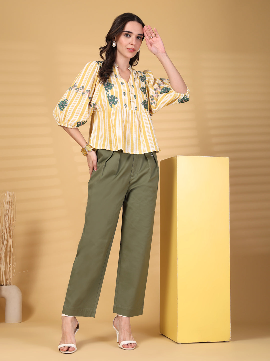 Gipsy Yellow Embroidery Double Cloth Cotton Blouse