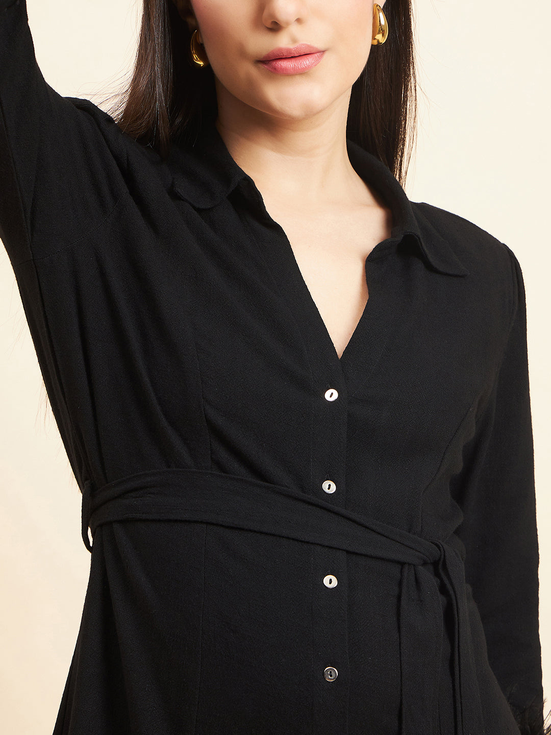 Gipsy Women Solid Lace With Belt Midi Linen Black Dress