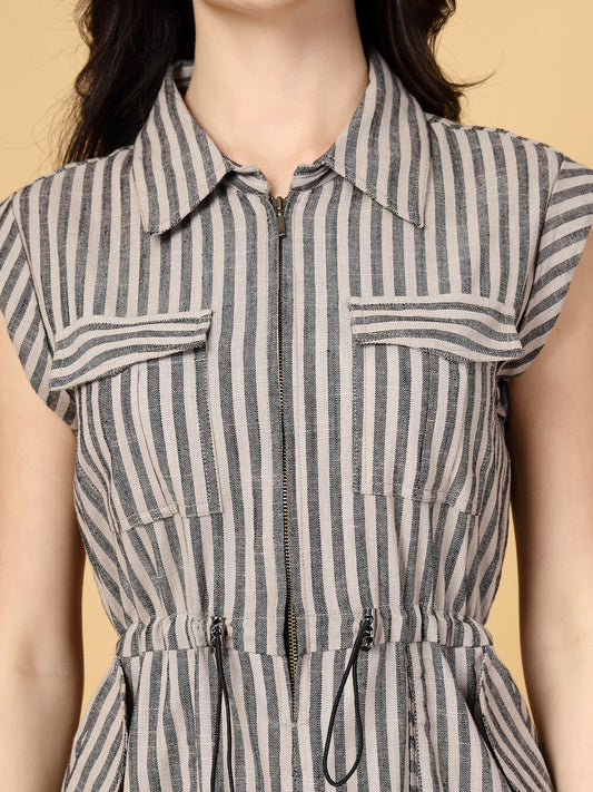 Gipsy Beige & Black Striped Cotton Dress