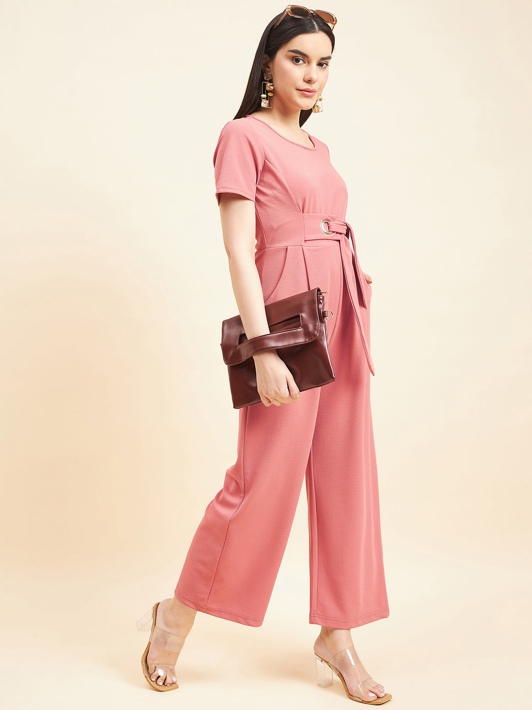 Gipsy Women Solid Front Buckel Polyester Dusky Pink Jumpsuit