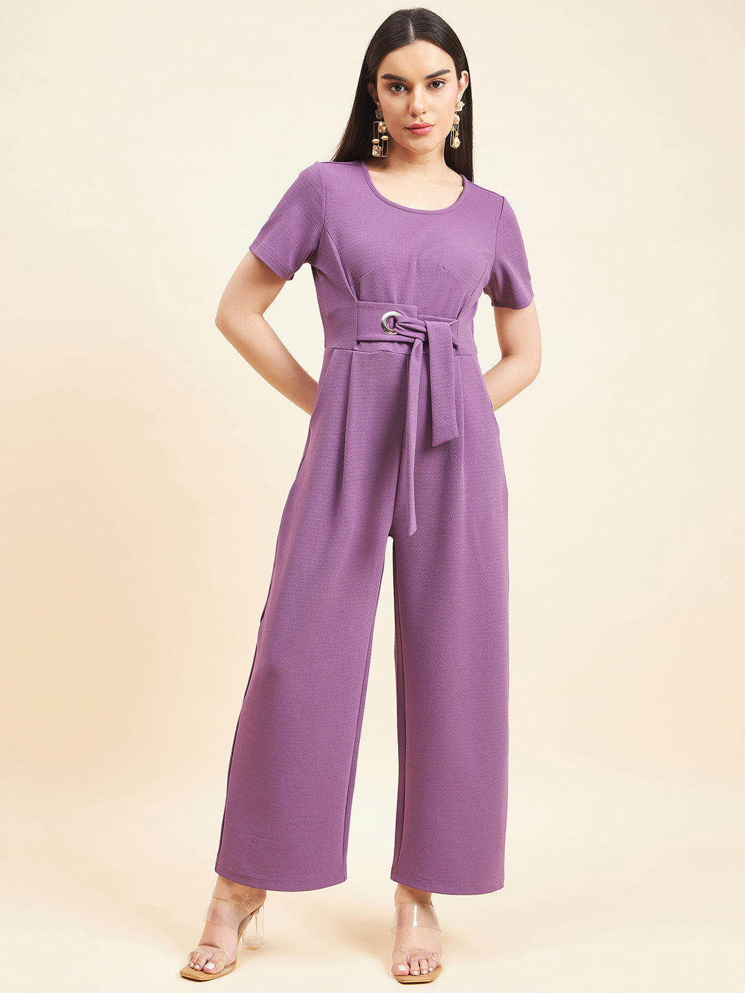 Gipsy Women Solid Front Buckel Polyester Lavender Jumpsuit
