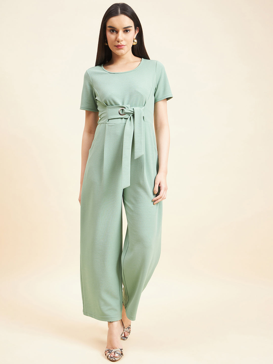 Gipsy Women Solid Front Buckel Polyester Sage Jumpsuit