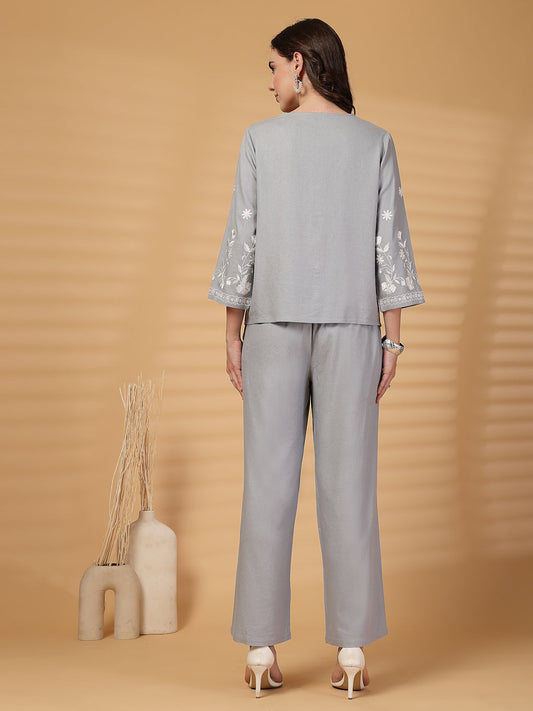 Gipsy Ice Blue Embroidery Cotton Top With Pants