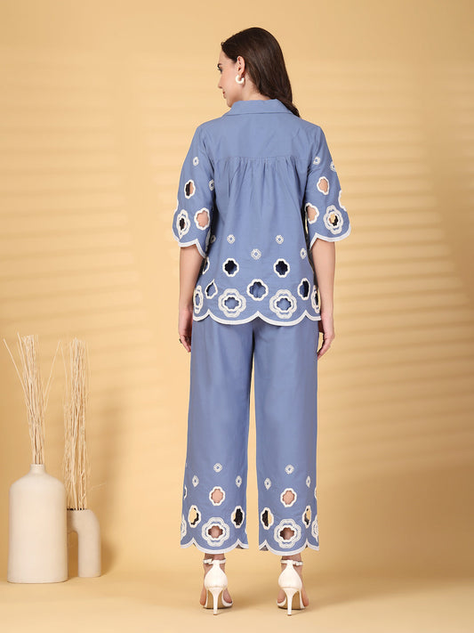 Gipsy Blue Cutwork Embroidery Cotton Shirt With Pants