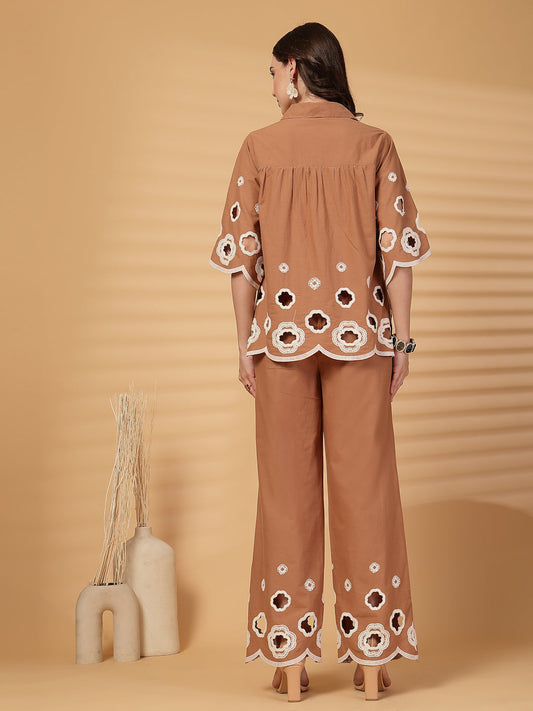 Gipsy Brown Cutwork Embroidery Cotton Shirt With Pants