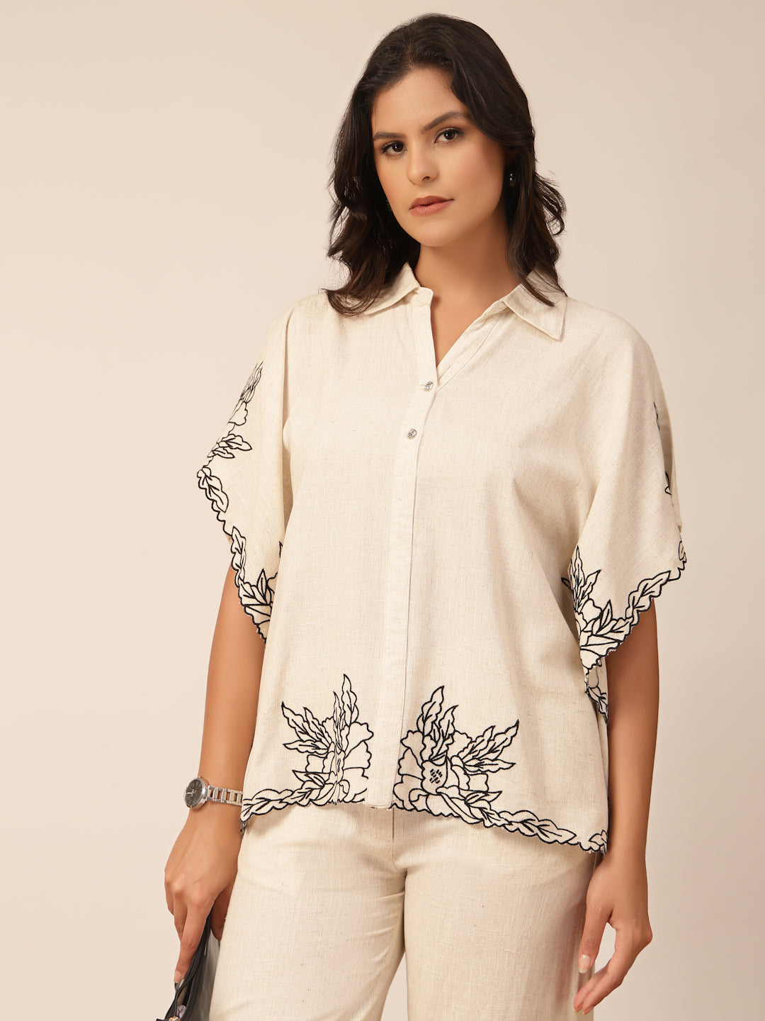 Gipsy Beige Embroidery Linen Co-ord Set