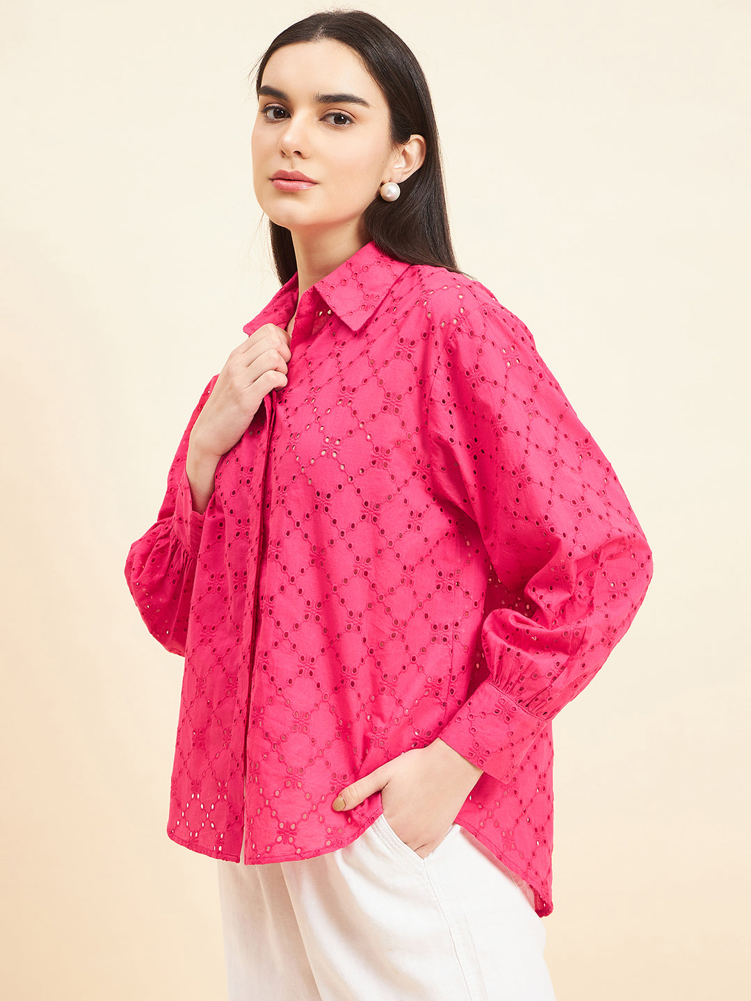 Gipsy Women Solid Schiffli Cotton Hot Pink Shirt
