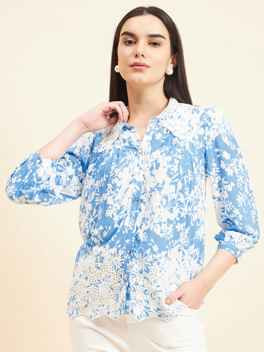 Gipsy Women Printed Lace Rayon Blue Shirt
