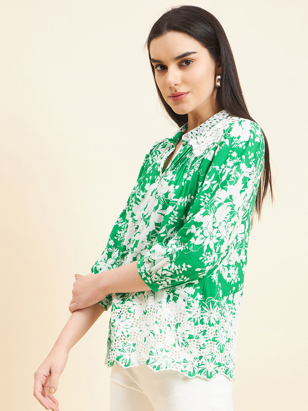 Gipsy Women Printed Lace Rayon Green Shirt