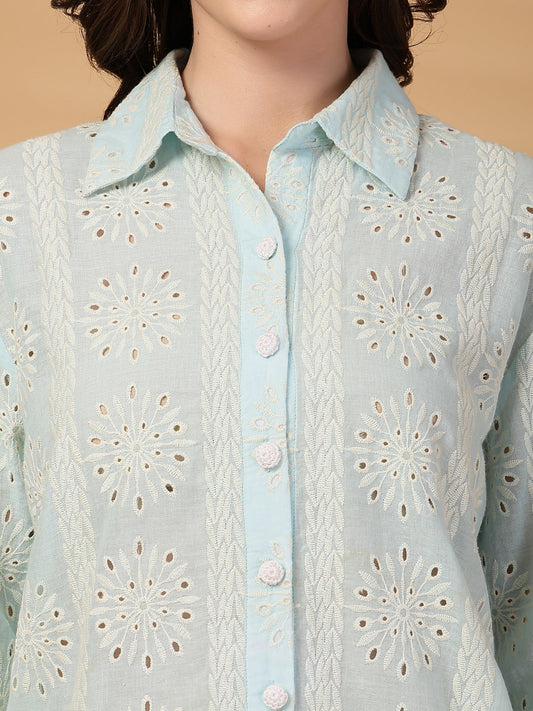 Gipsy Sea Blue Embroidery Schiffli Cotton Shirt