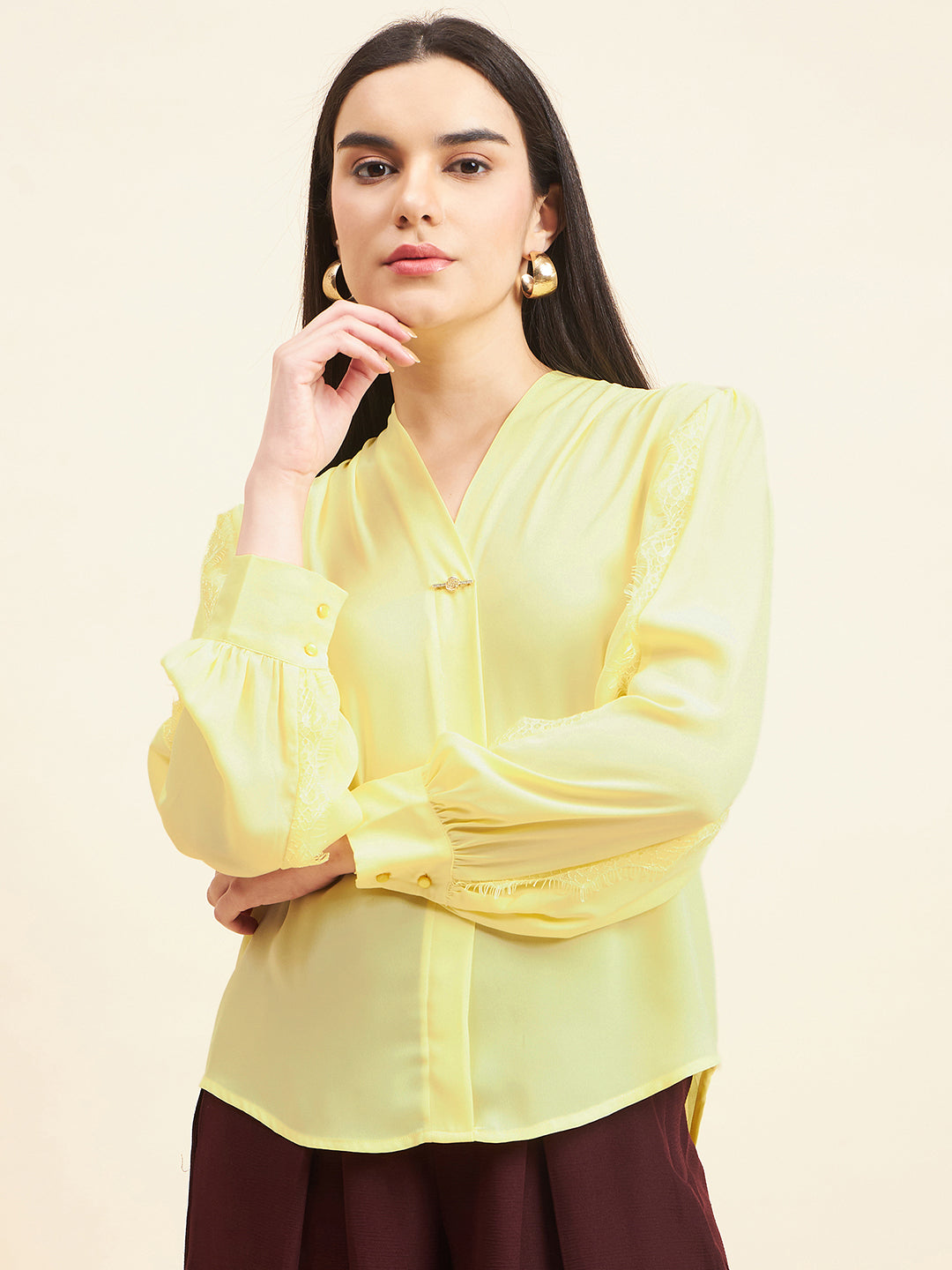Gipsy Women Solid Lace Georgette Yellow Tunic