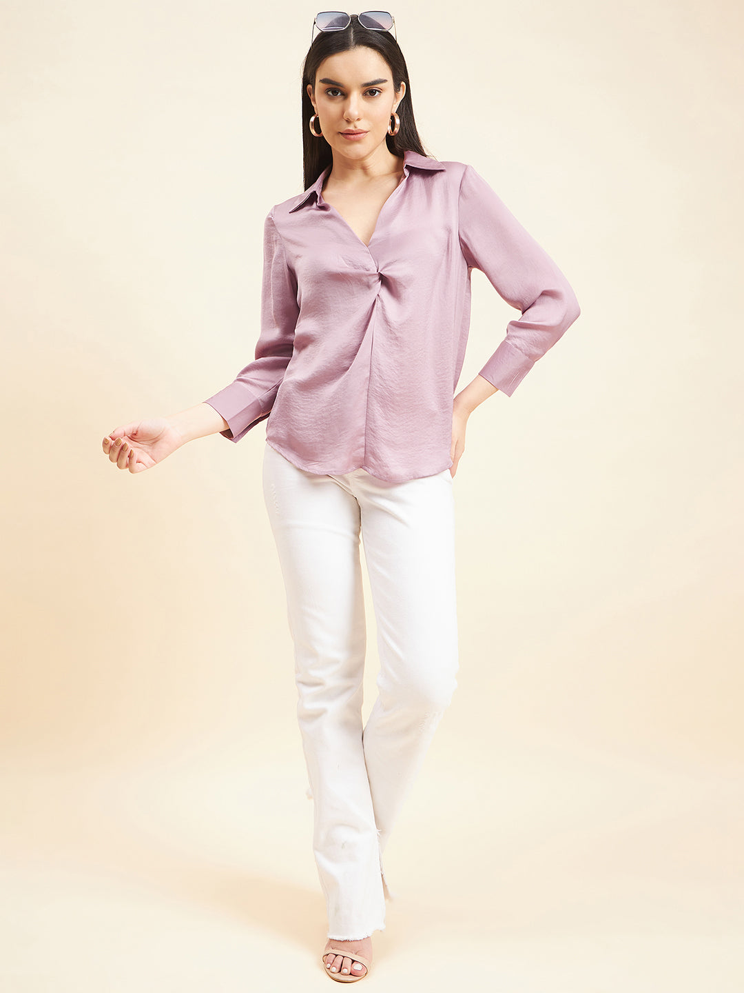 Gipsy Women Solid Knotting Satin Soft Lilac Tunic