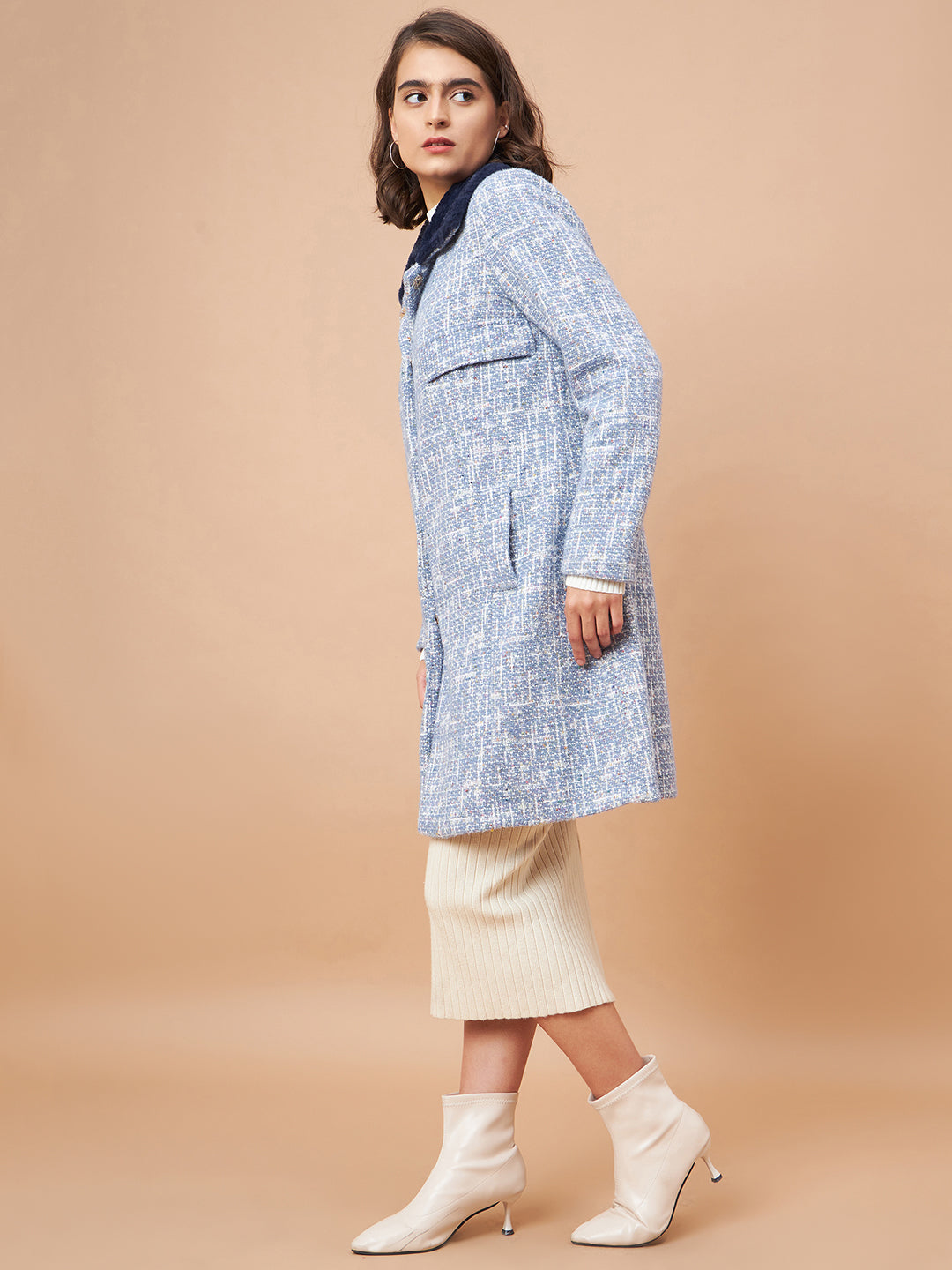 Gipsy Women Flat Collar Straight Full Sleeve Vibgyor Knit Milange Fabric Sky Blue Coat