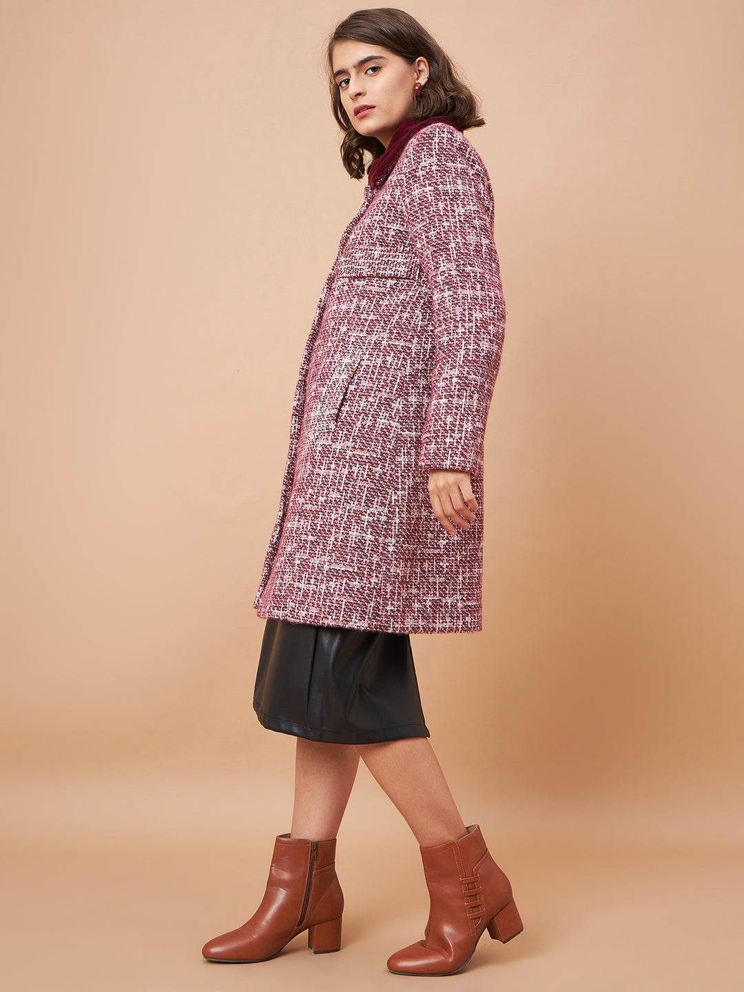 Gipsy Women Flat Collar Straight Full Sleeve Vibgyor Knit Milange Fabric Maroon Coat