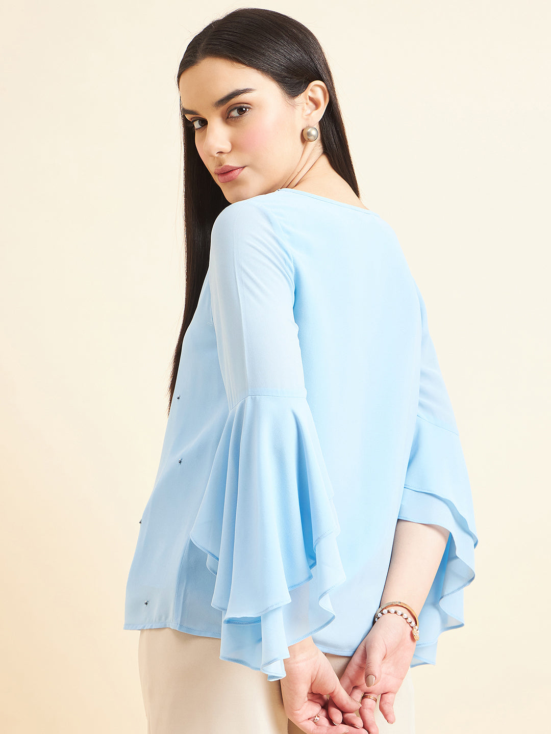 Gipsy Women Solid Embellishment Polyester Blue Grey Top