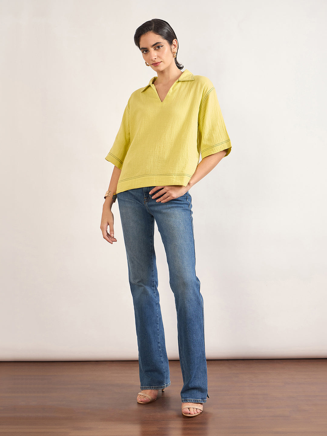 Lime Green Cotton A-Line Threadwork Blouse