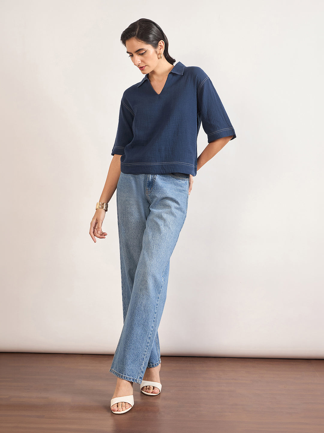 Navy Cotton A-Line Threadwork Blouse