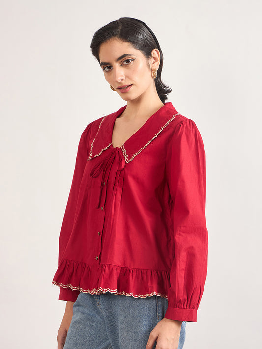 Red Peter Pan Collar A-Line Cotton Shirt