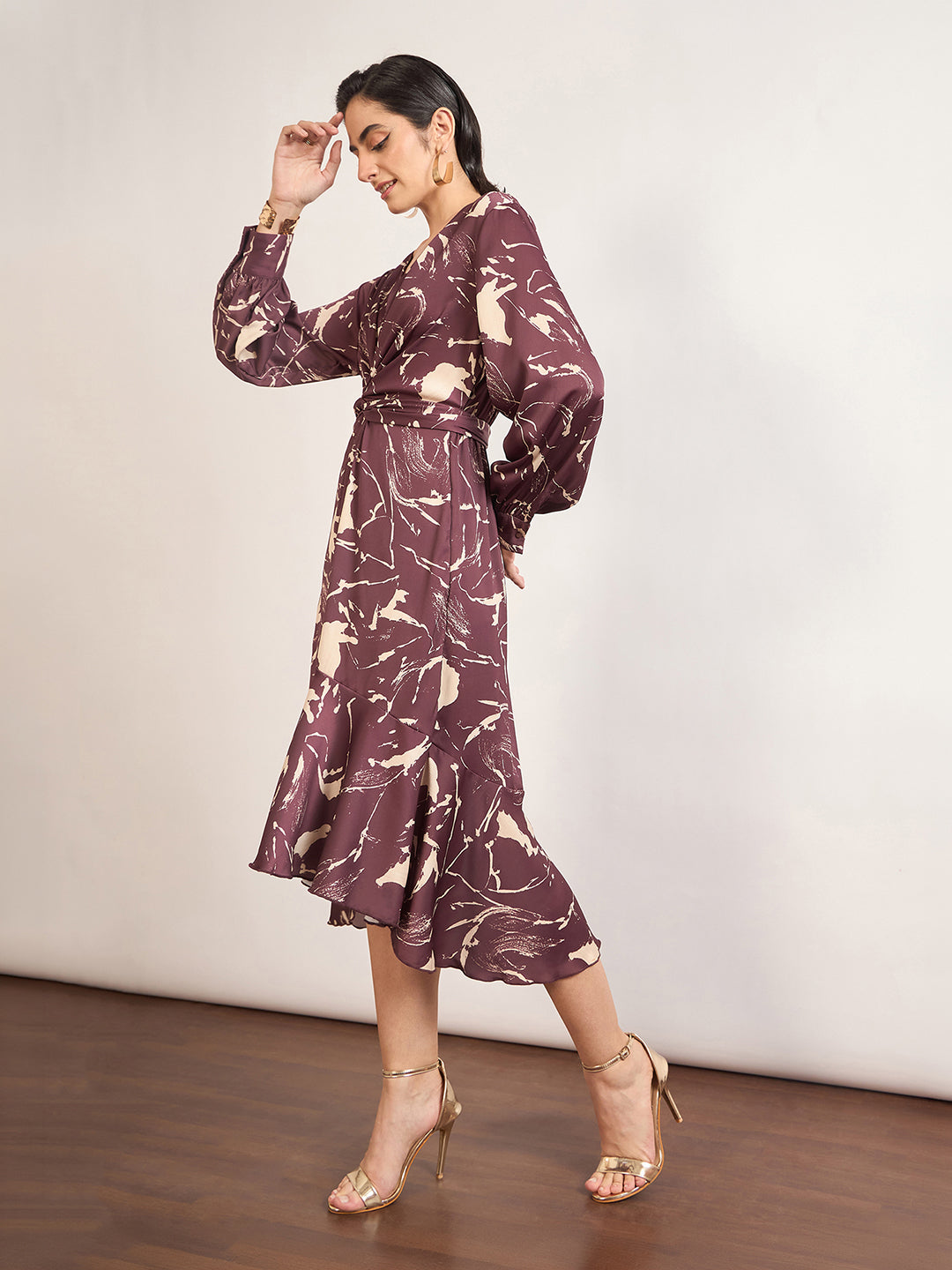 Maroon Nylon Viscose A-Line Printed Dress