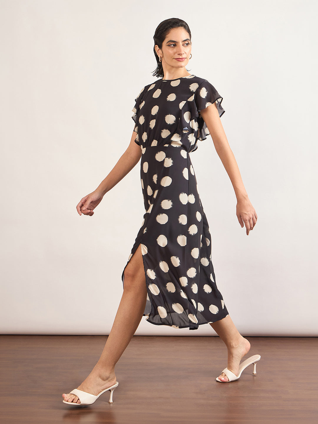 Black Chiffon Polka Printed Fit & Flare Dress
