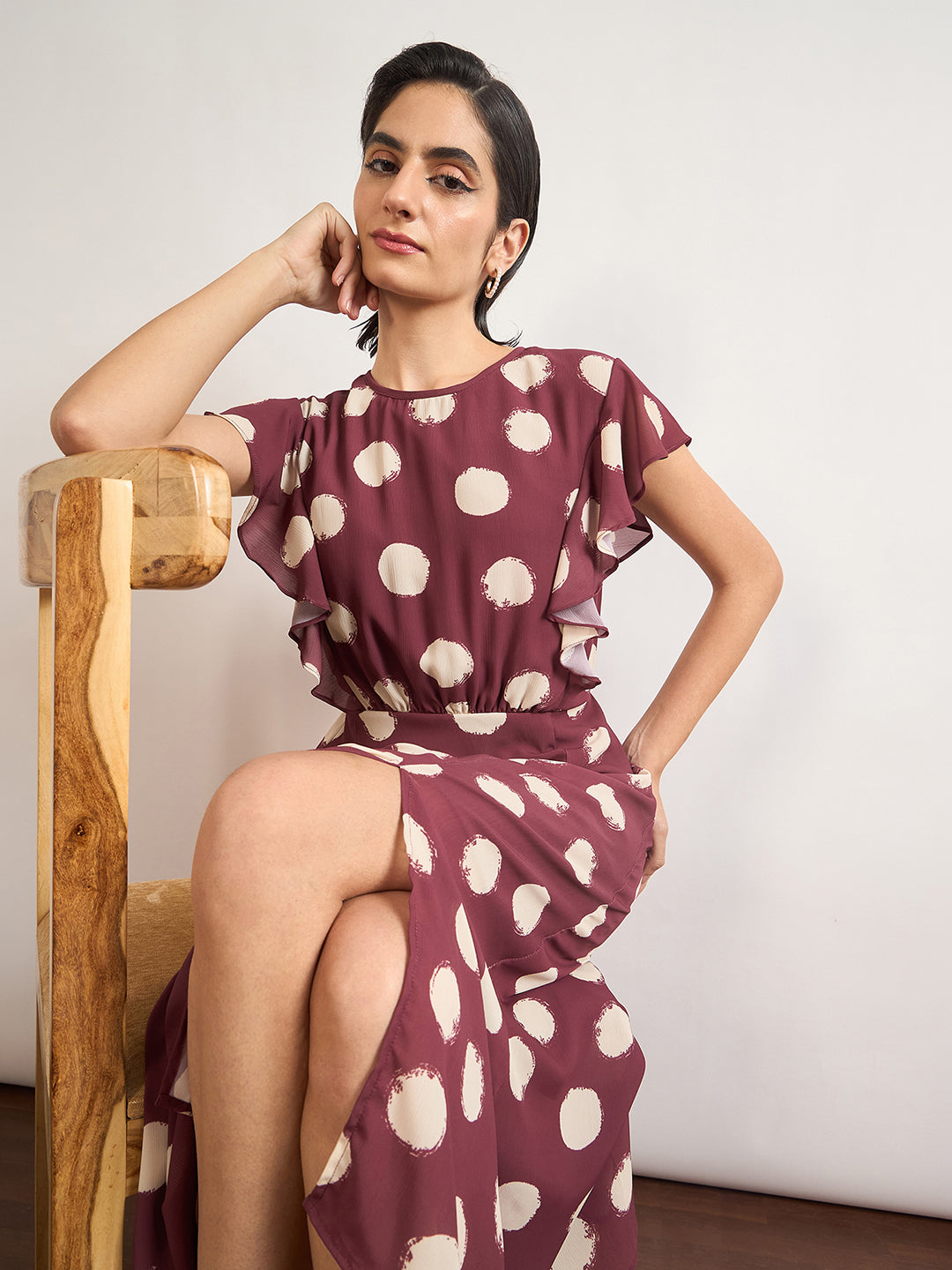 Maroon Chiffon Polka Printed Fit & Flare Dress