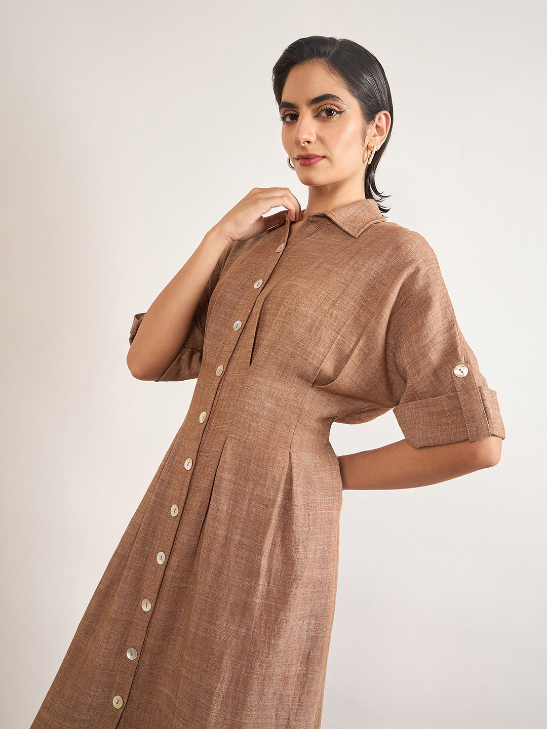 Tan Linen Viscose Fit & Flare Dress