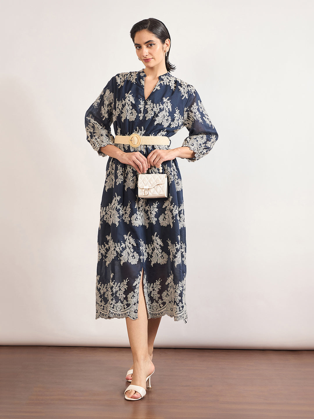 Navy Nylon Viscose A-Line Embroidery & Jute Belt Dress