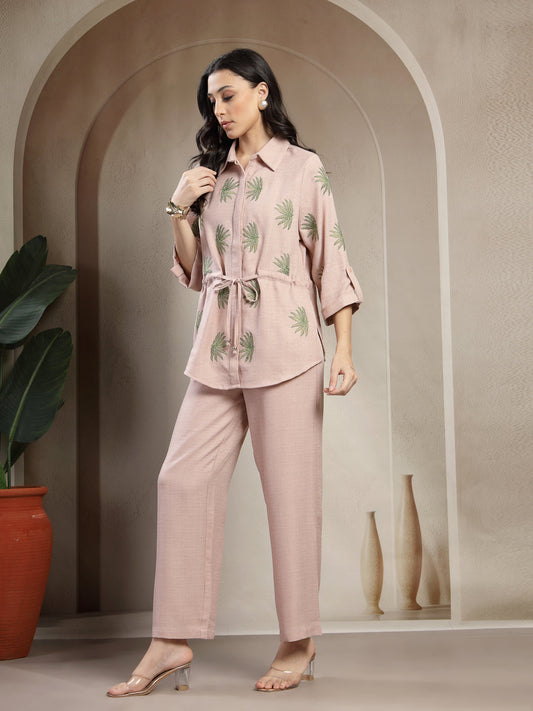 Gipsy Beige Embroidery Co-ord Set with Drawstring Waist