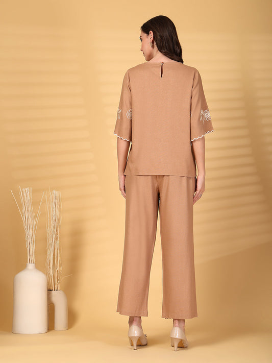 Gipsy Khaki Embroidery Cotton Top With Pant Set