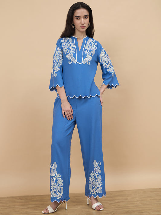 Gipsy Cobalt Blue Embriodery Linen Viscose Co-Ord Set
