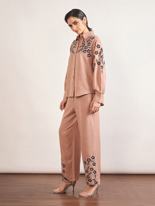 Beige Cotton Embroidery & Cuffed Sleeves Co-Ord Set