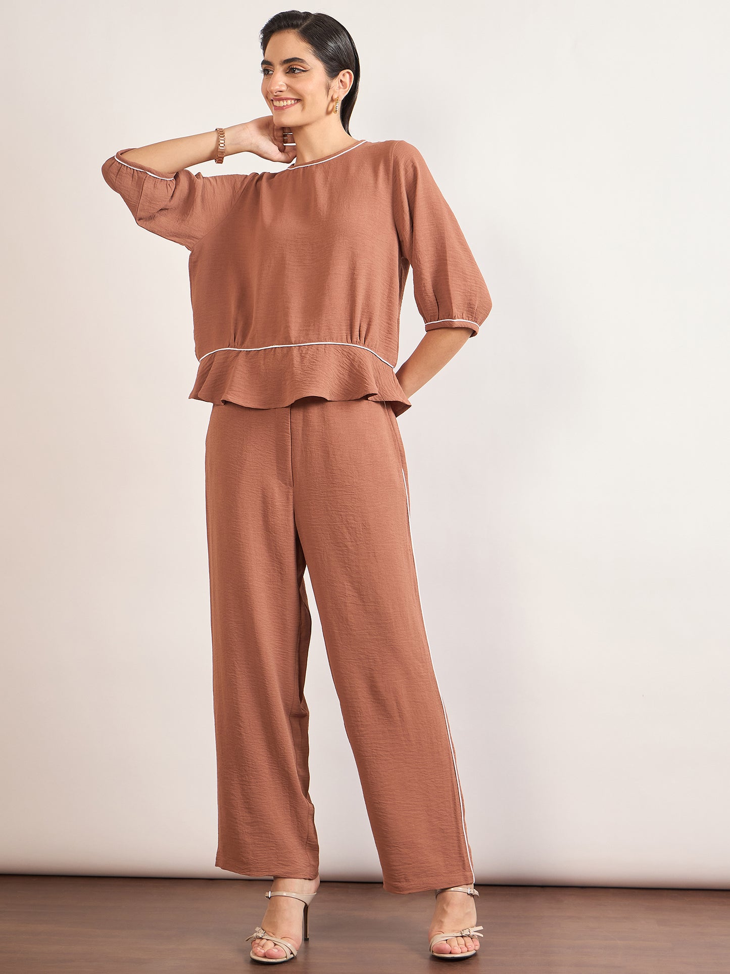 Mocca Viscose Piping & Cuffed Sleeves Co-Ord Set