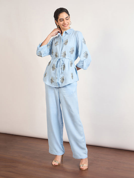 Light Blue Nylon Viscose Embroidery Co-Ord Set