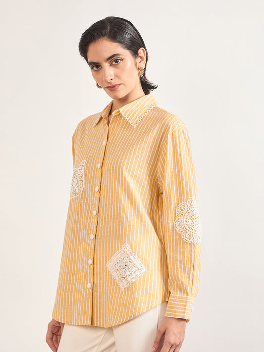 Yellow Cotton Straight Fit 3D Crochet Patchwork Shirt