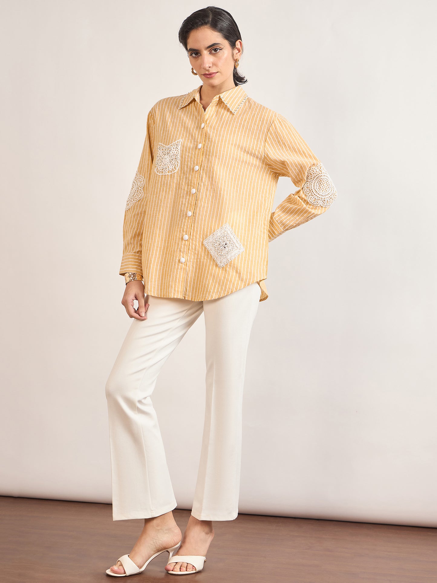 Yellow Cotton Straight Fit 3D Crochet Patchwork Shirt