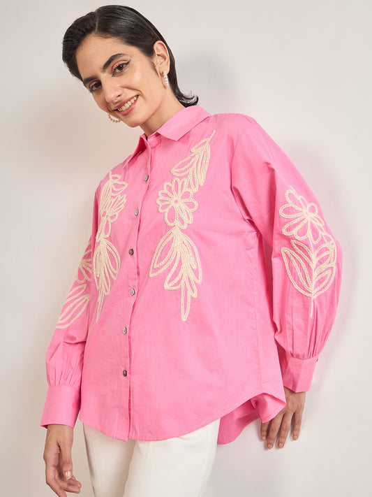 Pink Cotton A-Line Cuffed Sleeves Embroidery Shirt