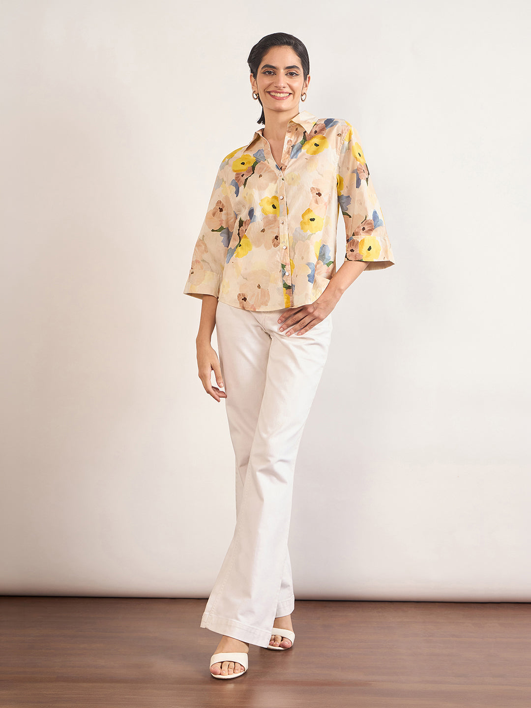 Beige Cotton A-Line Floral Printed Shirt