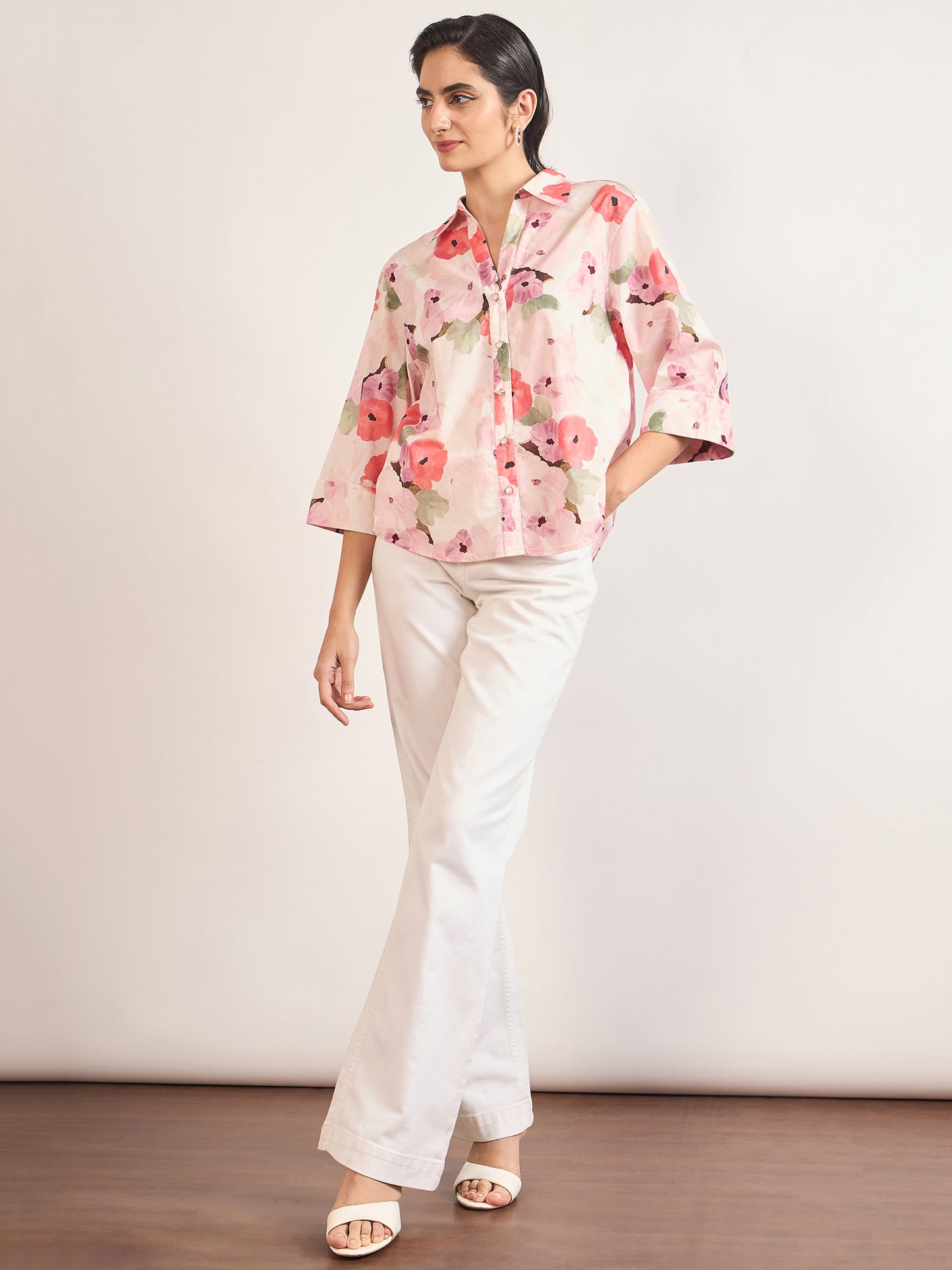 Pink Cotton A-Line Floral Printed Shirt