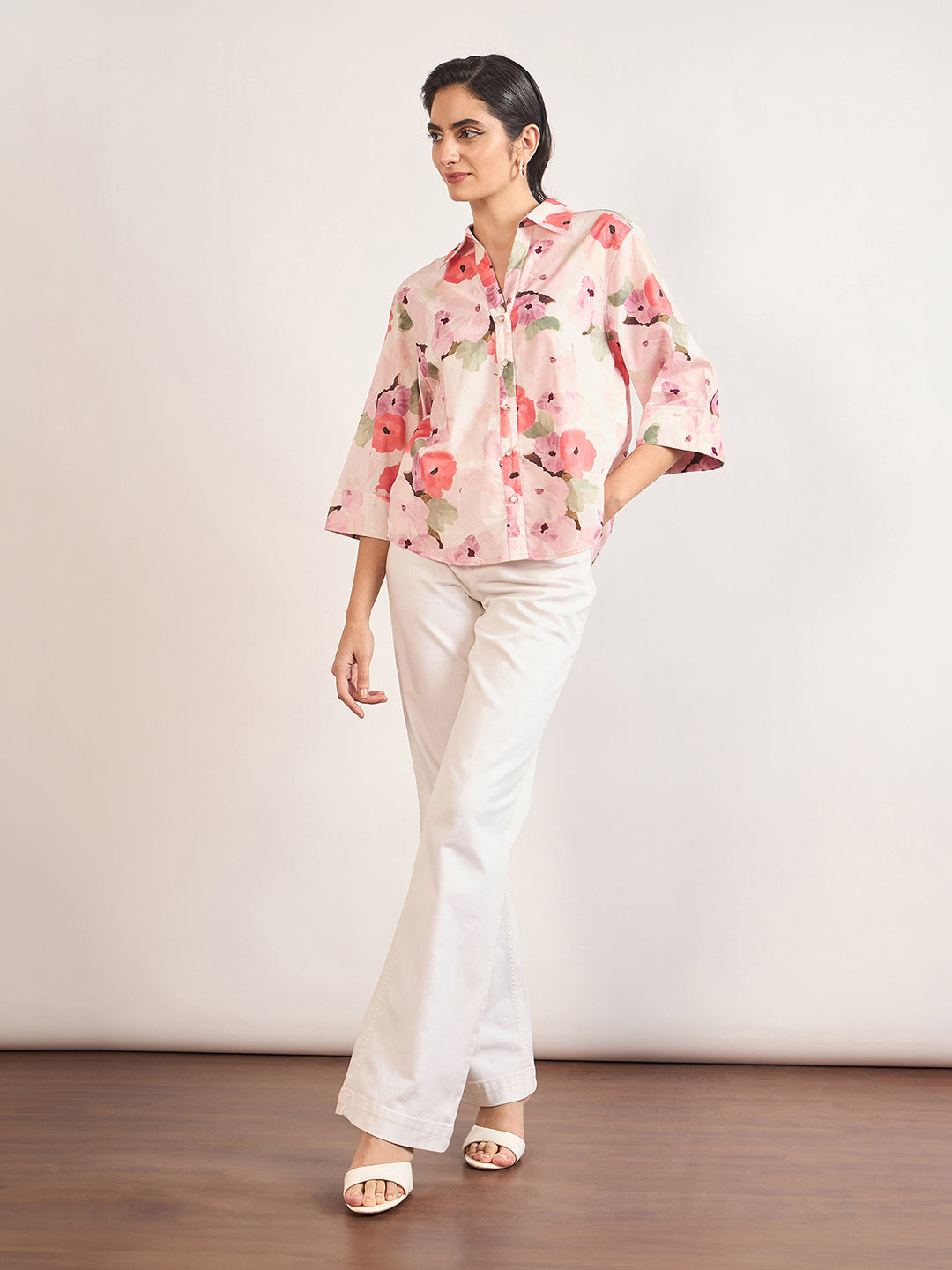 Pink Cotton A-Line Floral Printed Shirt