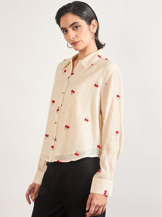 Cream Short Length Self Embroidery Nylon Viscose Shirt