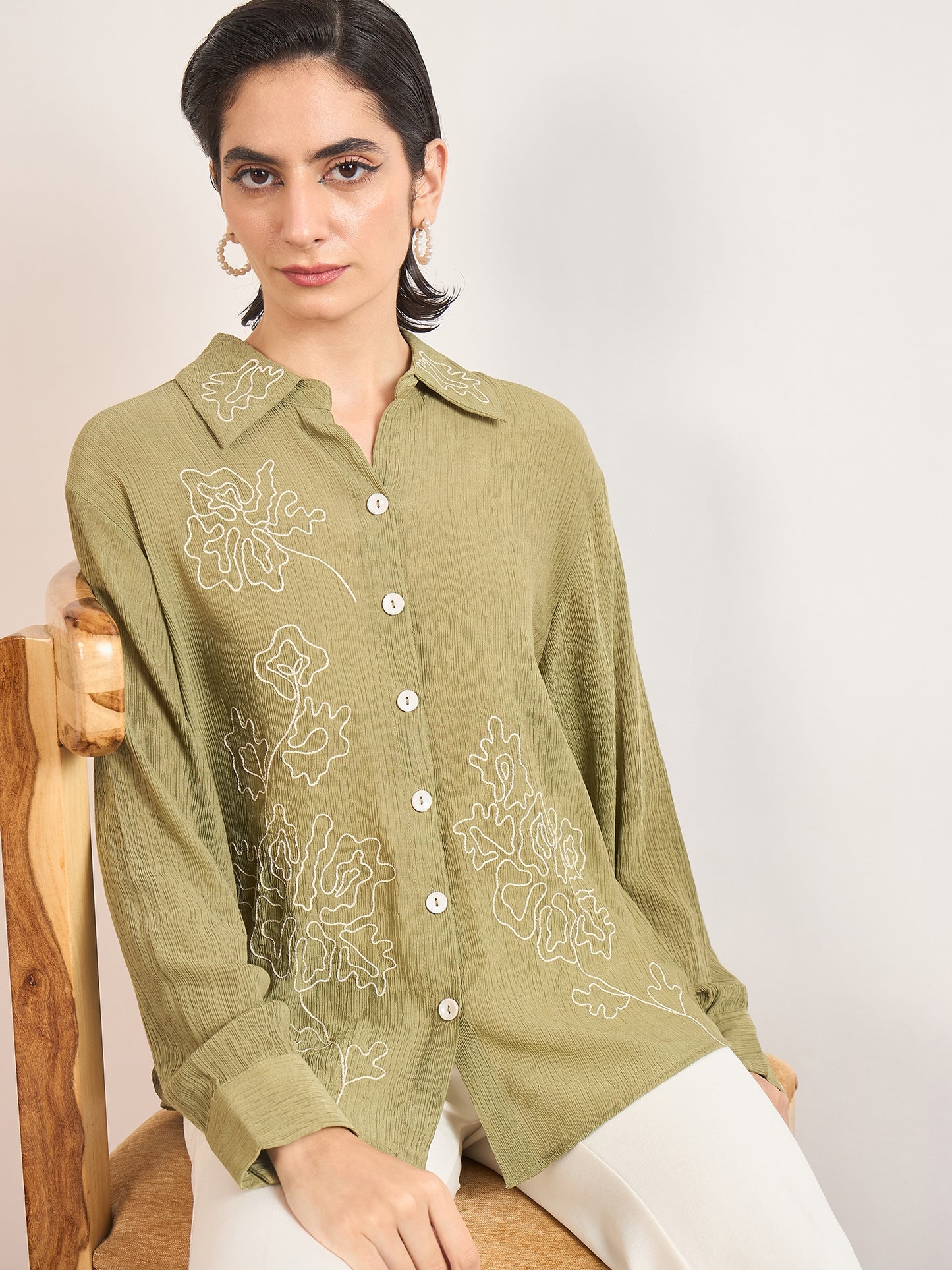 Olive Viscose Shirt with Contrast Thread Embroidery