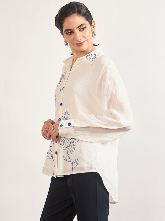 White Viscose Embroidery Cuffed Sleeves Shirt