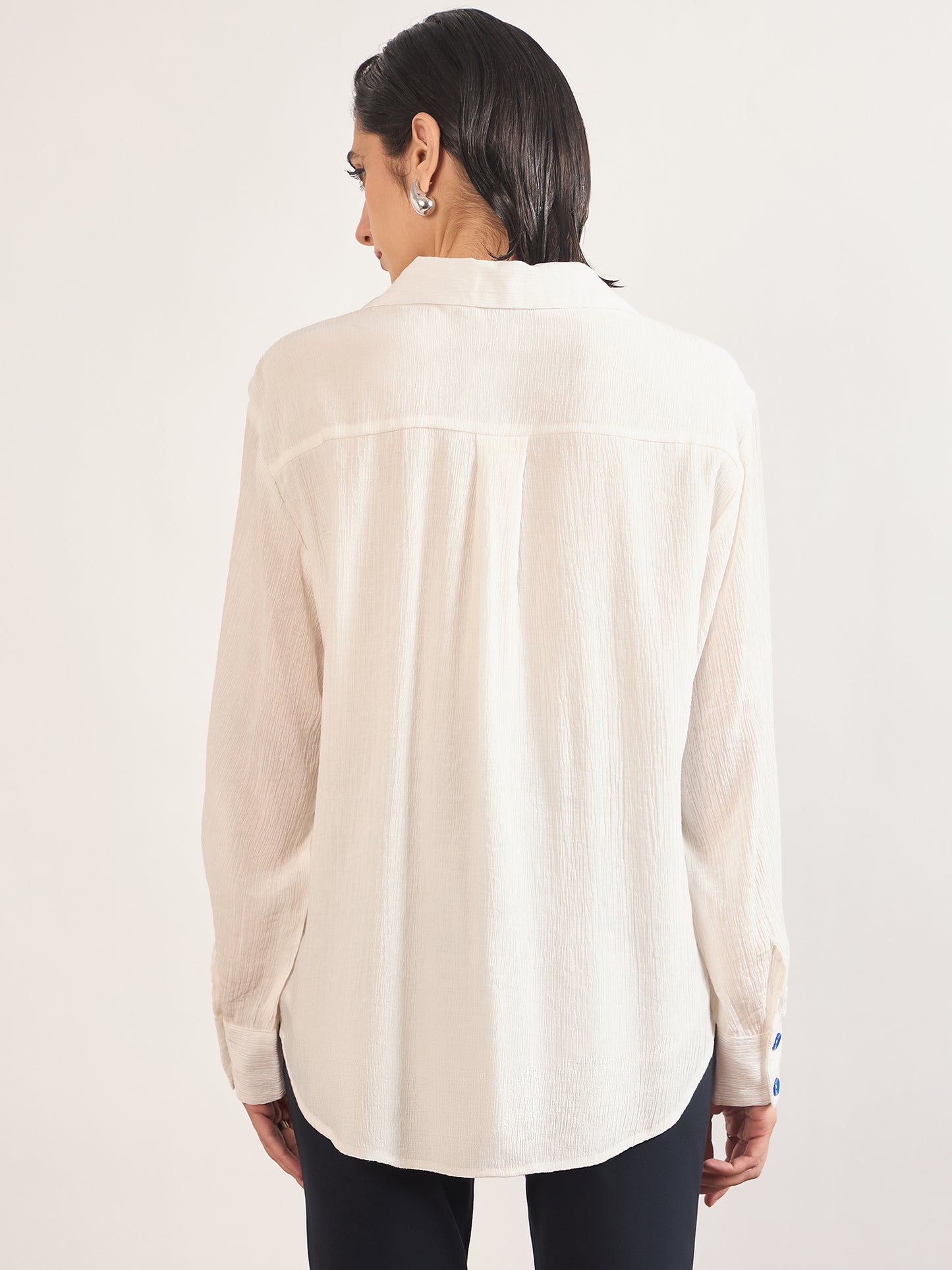 White Viscose Embroidery Cuffed Sleeves Shirt