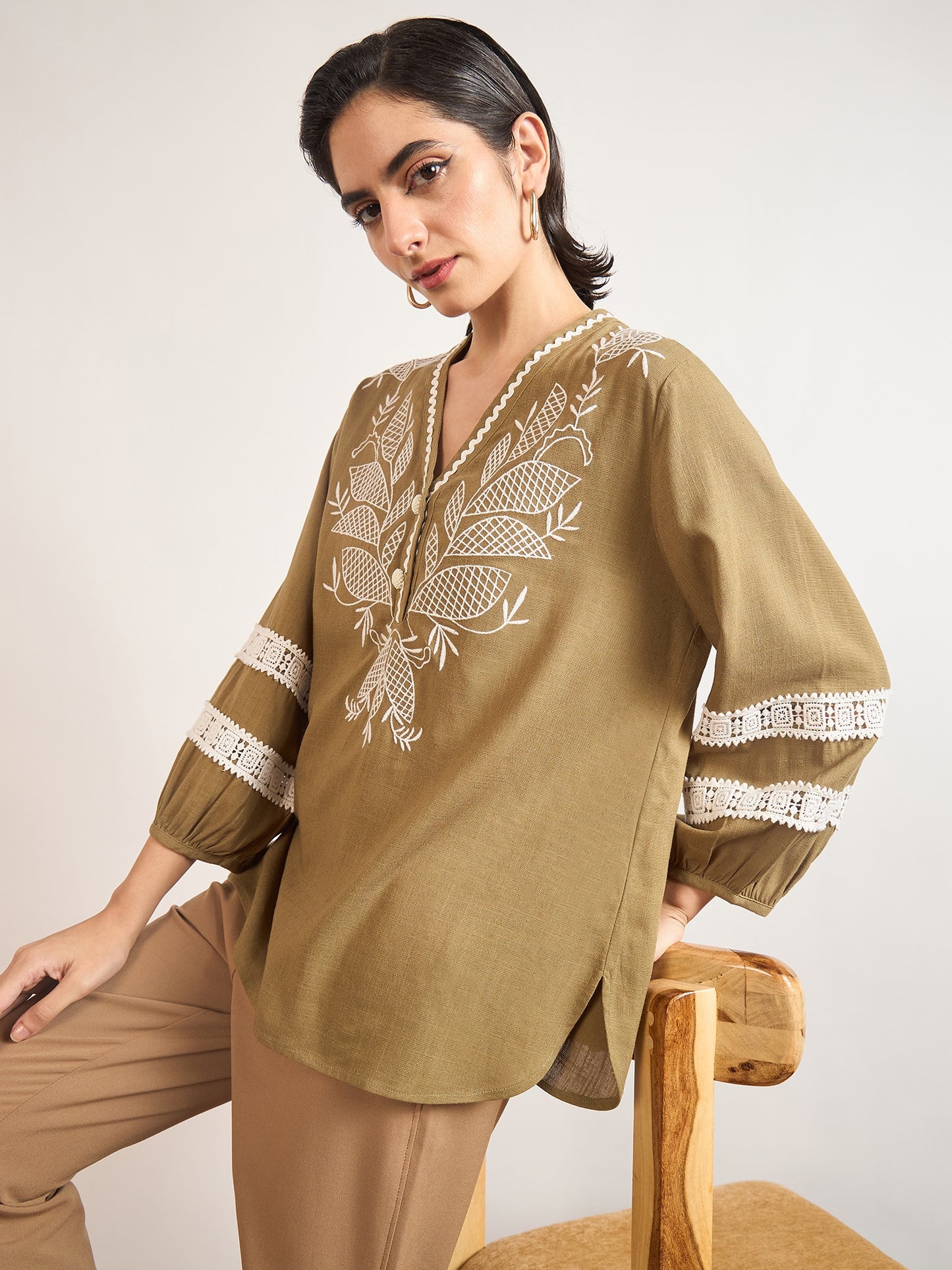 Olive Linen Viscose 3D Embroidery Tunic