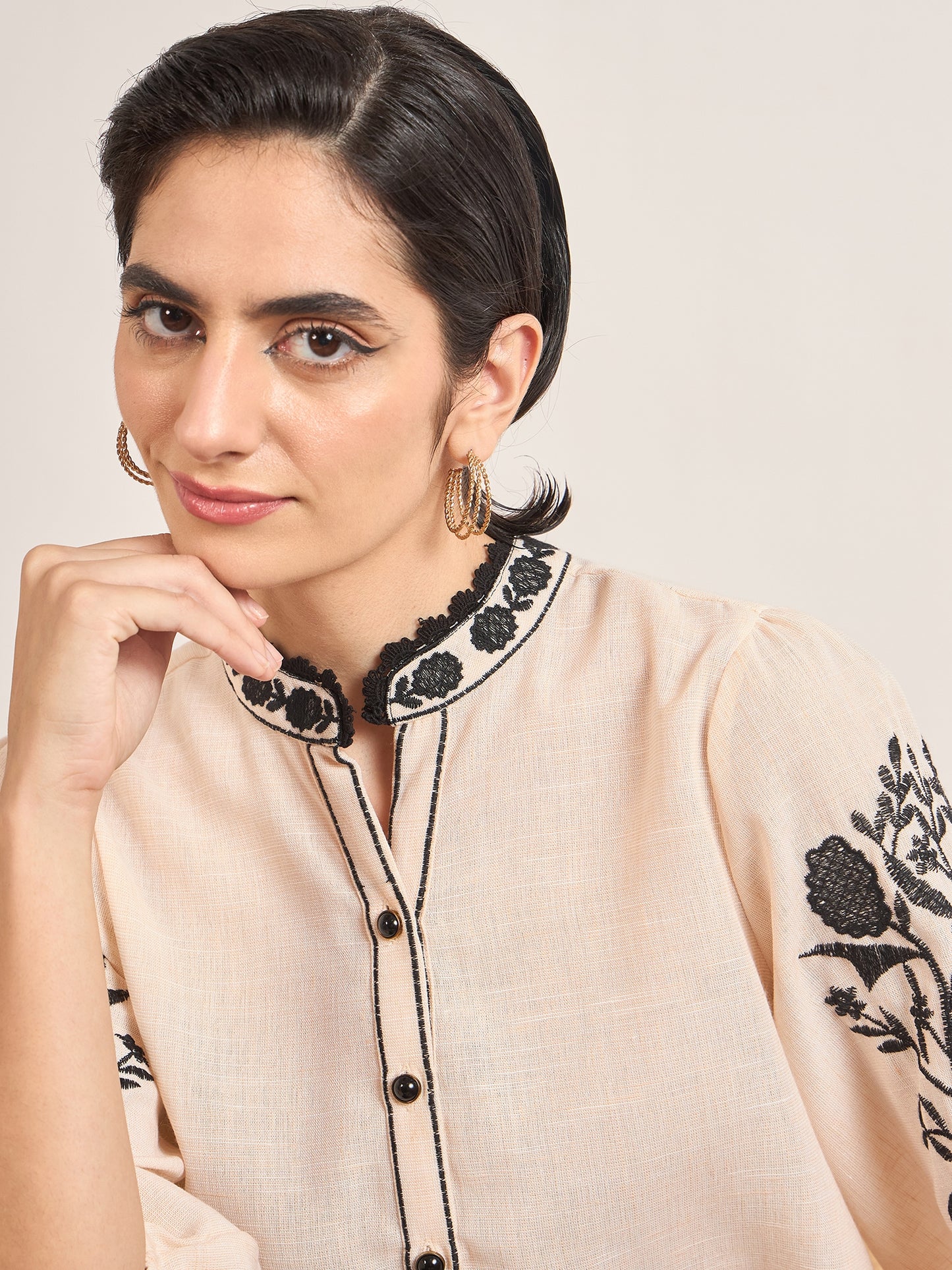 Beige 3D Embroidery Tunic in Melange Cotton
