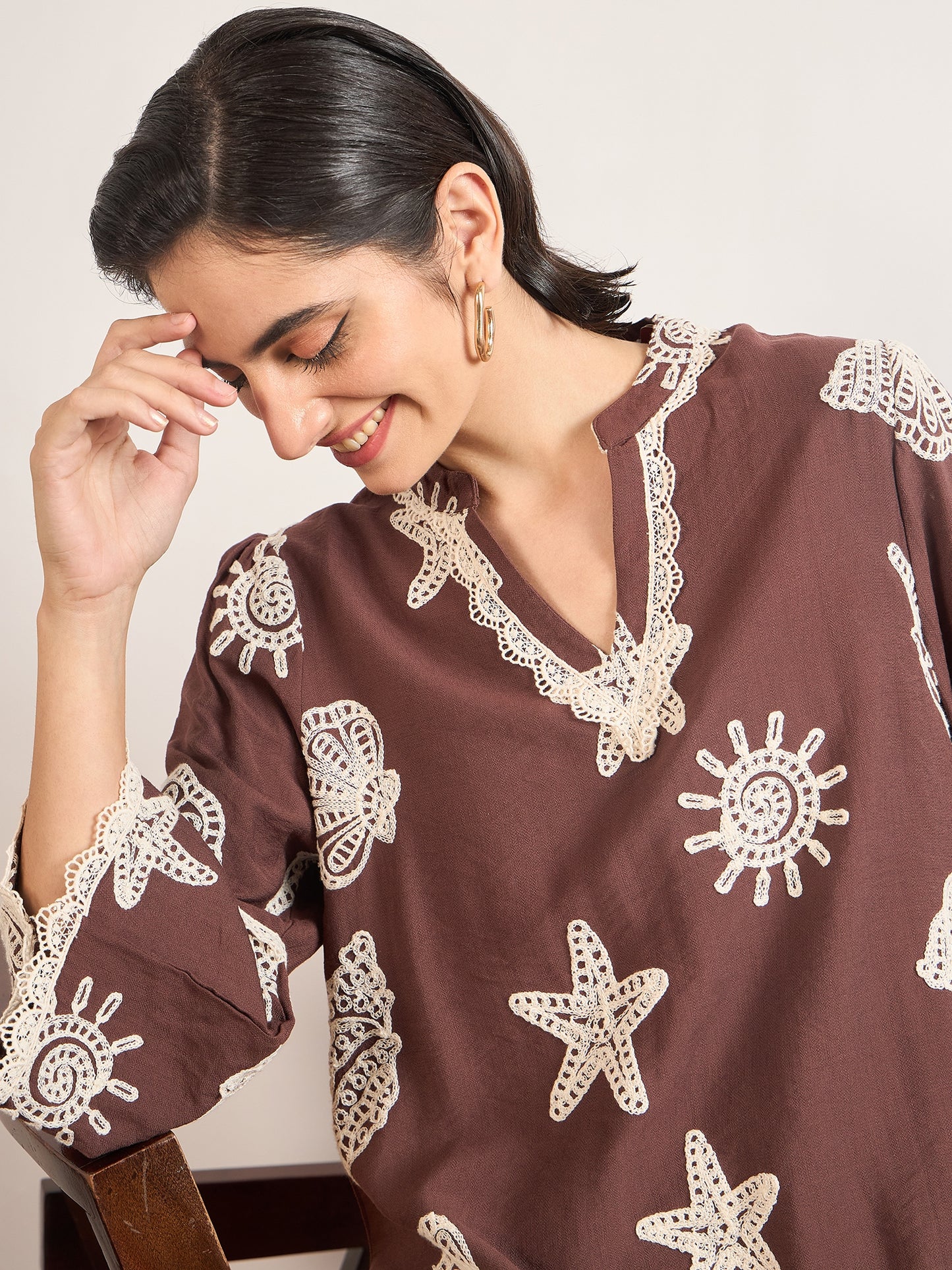 Coffee Self-Embroidery Cotton Tunic
